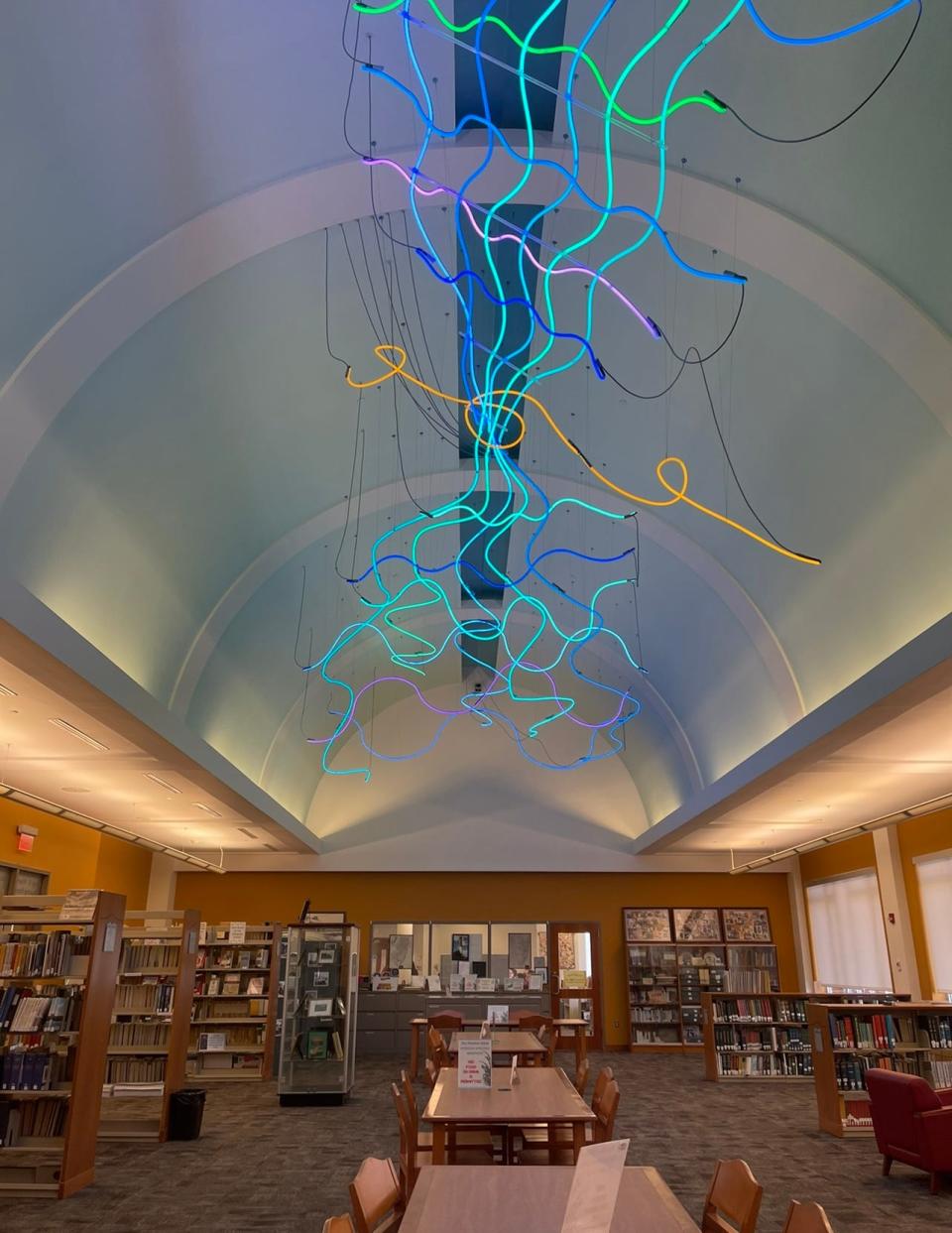 Local artist Chris Freeman's "Flowing Fabric/Woven Light" LED light sculpture, available for viewing in The Wheeler Room at the Toms River 
branch of the Ocean County Library.