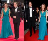 <p>Middleton wore this teal Jenny Packham gown with lace detailing to the 2012 Olympic Gala, bringing it back into circulation for the Tusk Conservation Awards in November 2018. </p>