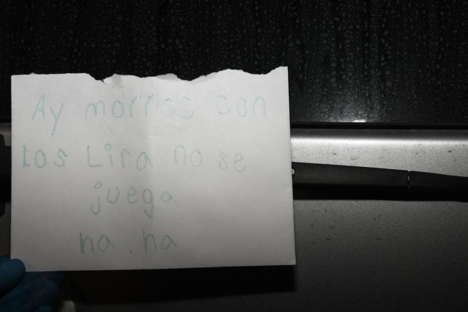 A note that reads, “Ay morras con Los Lira no se juega ha ha,” in Spanish is believed by the Dallas Police Department to have been left behind by a suspect wanted in the 2021 murder of Jason Izaguirre.