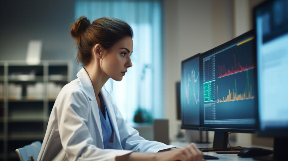 A healthcare worker at a desk, monitoring the performance of a Group Purchasing Program.