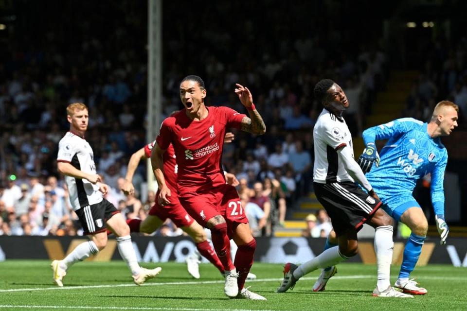 New Liverpool signing Darwin Nunez celebrates scoring his side’s first equaliser at Craven Cottage  (AFP via Getty Images)