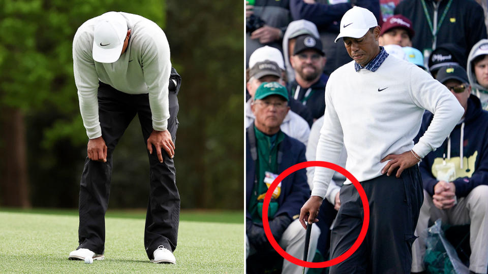 Pictured here is a dejected Tiger Woods during a disastrous third round at the Masters. 