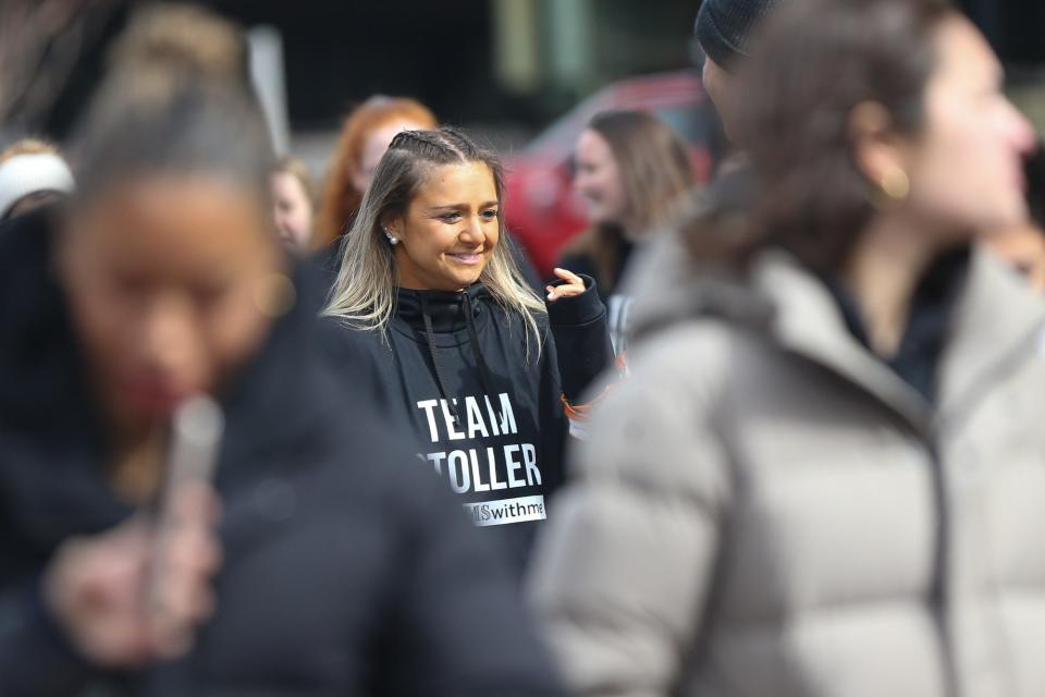 Abby Stoller walks in the Walk MS event around Boston University on April 3, 2022. A 2017 Wayland High graduate, Stoller was diagnosed with multiple sclerosis in November after experiencing numbness on the left side of her body.