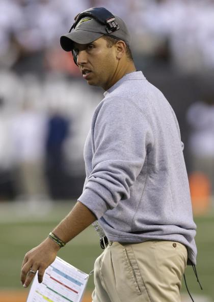 Toledo coach Matt Campbell works on the sideline in the first half of his team&#39;s NCAA college football game against Cincinnati, Friday, Sept. 12, 2014, in Cincinnati. (AP Photo/Al Behrman)