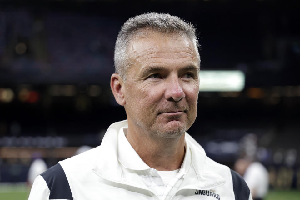 Jacksonville Jaguars head coach Urban Meyer walks off the field after an NFL preseason football game against the New Orleans Saints in New Orleans, Monday, Aug. 23, 2021. The Saints won 23-21. (AP Photo/Derick Hingle)