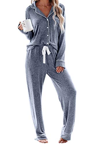 Aamikast Women's Two-piece Classic knit Pajama Sets Long Sleeve Button Down Sleepwear (M, Lake Blue)