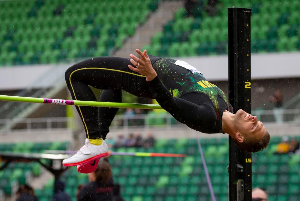 Oregon’s Max Vollmer competes in the men’s decathlon high jump Friday, May 13, 2022, at the Pac-12 Track & Field Championships at Hayward Field. 