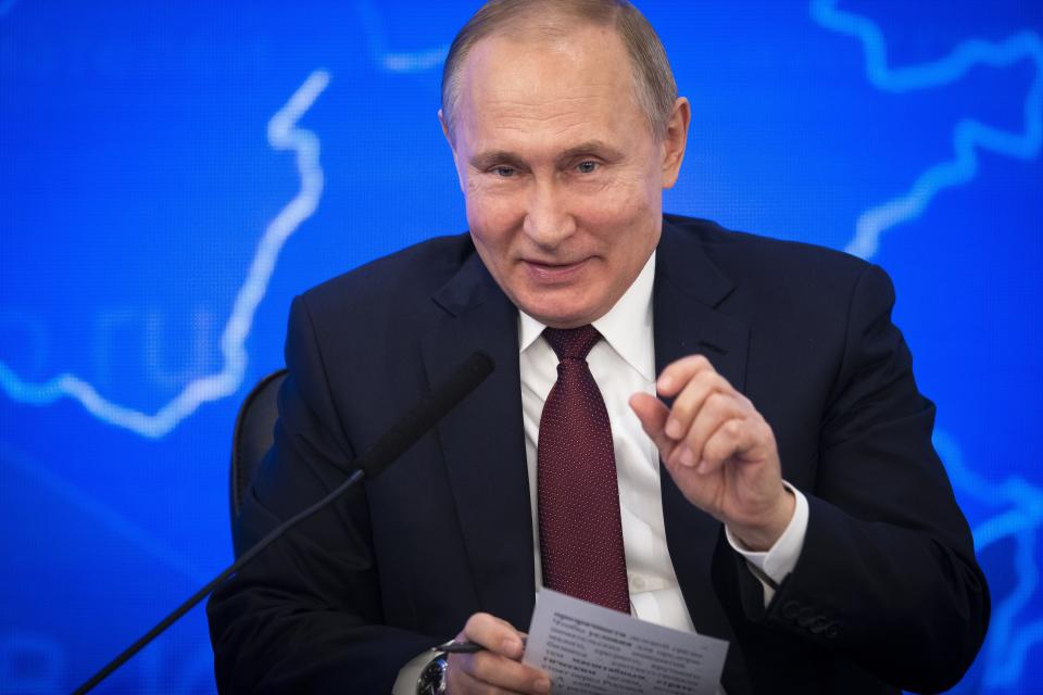 Russian President Vladimir Putin gestures while speakingh at a meeting of the Russian Union of Industrialists and Entrepreneurs in Moscow, Russia, Thursday, March 14, 2019. Putin urged the business community to engage more actively in major infrastructure projects and vowed to create more incentives and help reduce investment risks. (AP Photo/Alexander Zemlianichenko)