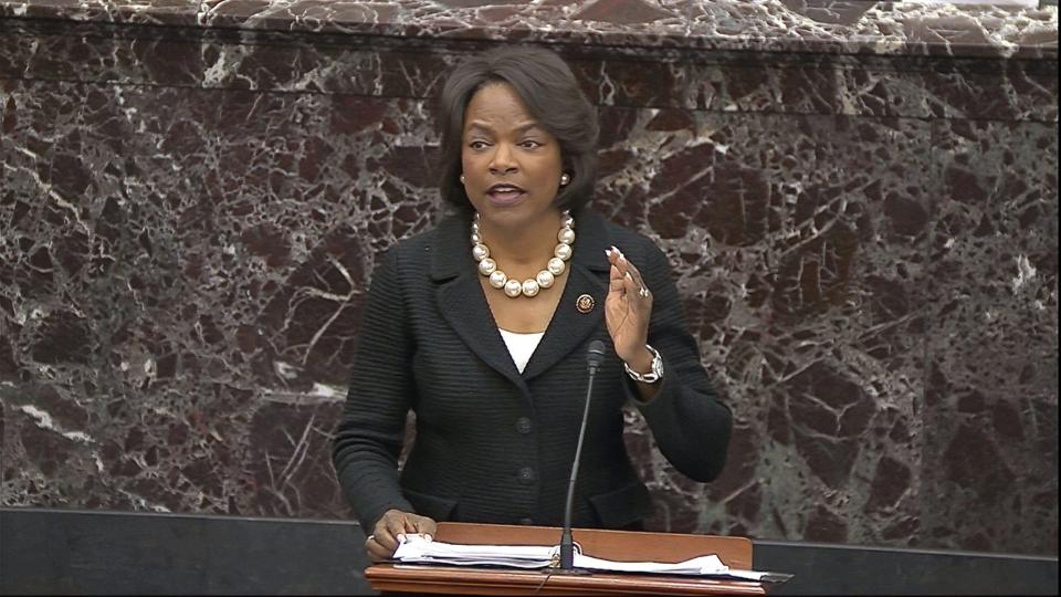 In this image from video, House impeachment manager Rep. Val Demings, D-Fla., speaks during debate ahead of a vote on calling witnesses during the impeachment trial against President Donald Trump in the Senate at the U.S. Capitol in Washington, Friday, Jan. 31, 2020.