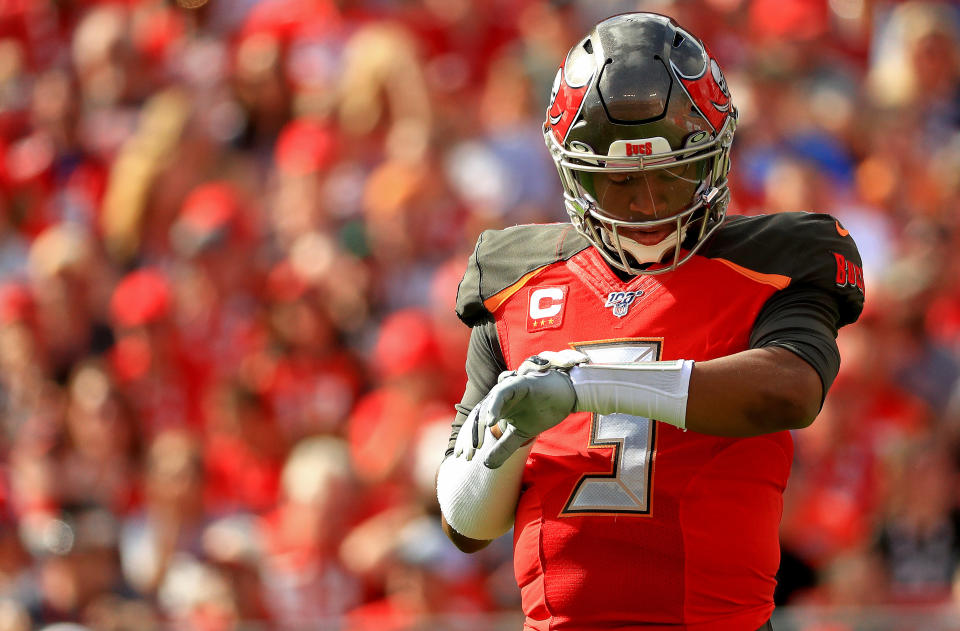 Looking for answers: Jameis Winston threw a game-ending pick-6 on Sunday, his seventh pick-6 this season. (Mike Ehrmann/Getty Images)