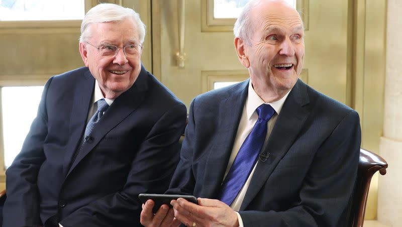 President M. Russell Ballard and President Russell M. Nelson of The Church of Jesus Christ of Latter-day Saints react in the Rome Italy Temple lobby to a photograph taken of them and their apostolic colleagues with the Christus and statues of the other ancient apostles at the temple’s visitors’ center on Monday, March 11, 2019.