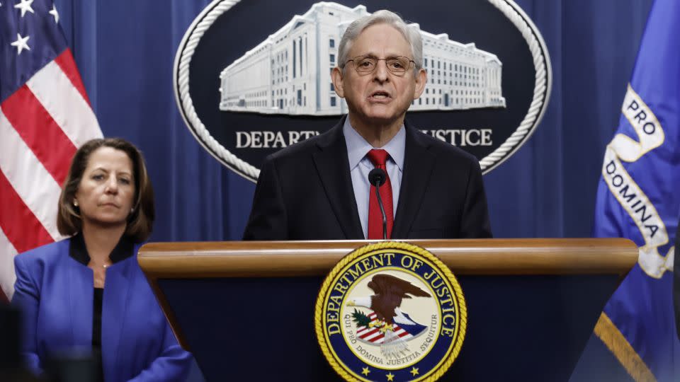 US Attorney General Merrick Garland speaks during a news conference at the Department of Justice Building on March 21, 2024 in Washington, DC on how the government is taking action against Apple. - Anna Moneymaker/Getty Images