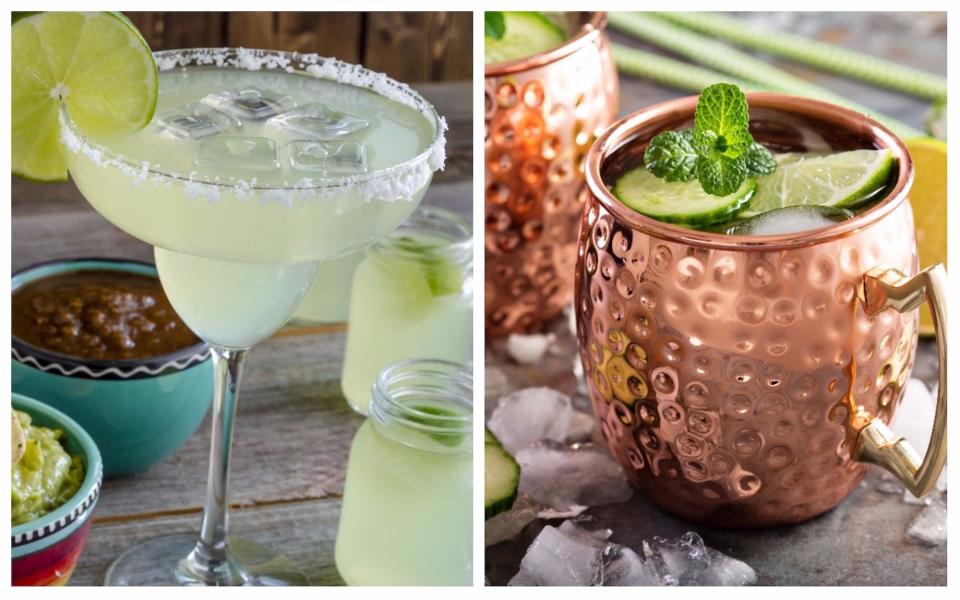 A composite image of a margarita and a Moscow mule.