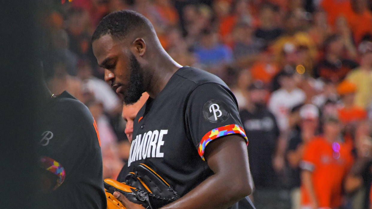 Orioles closer Félix Bautista leaves the field during the ninth inning Friday. Bautista will go on the 15-day injured list with a an injury of 