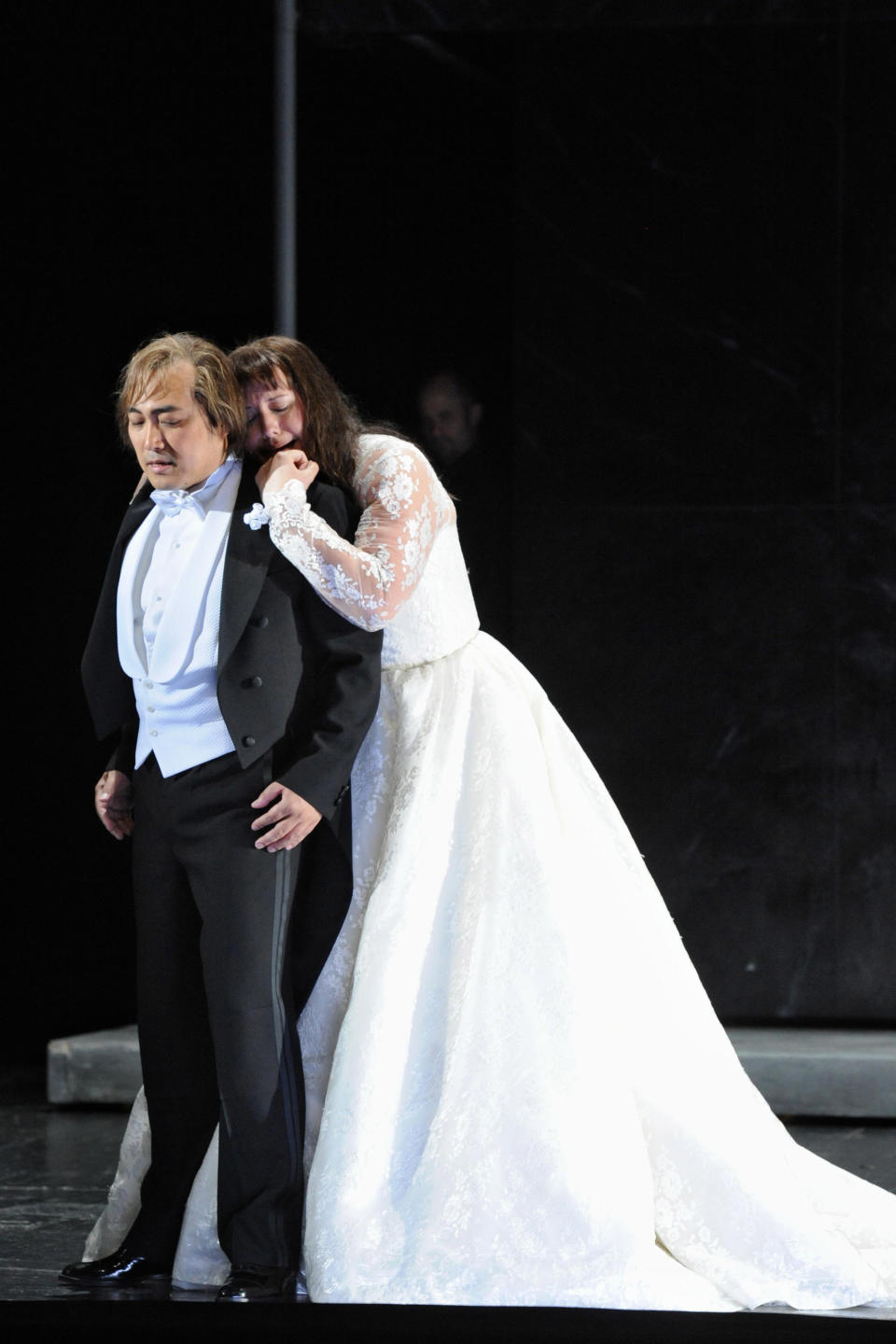 In this June 10, 2013 picture provided by the Frankfurt Opera House, Elza van den Heever , as Duchess Helene, right, and Alfred Kim as Henri, a young Sicilian, perform in Frankfurt, Germany, during a dress rehearsal for the rarely heard original French version of the Opera 'Les vepres Siciliennes' (The Sicilian vespers) by Giuseppe Verdi which had its premiere on June 16 at the Frankfurt Opera. (AP Photo/Thilo Beu,Frankfurter Oper)