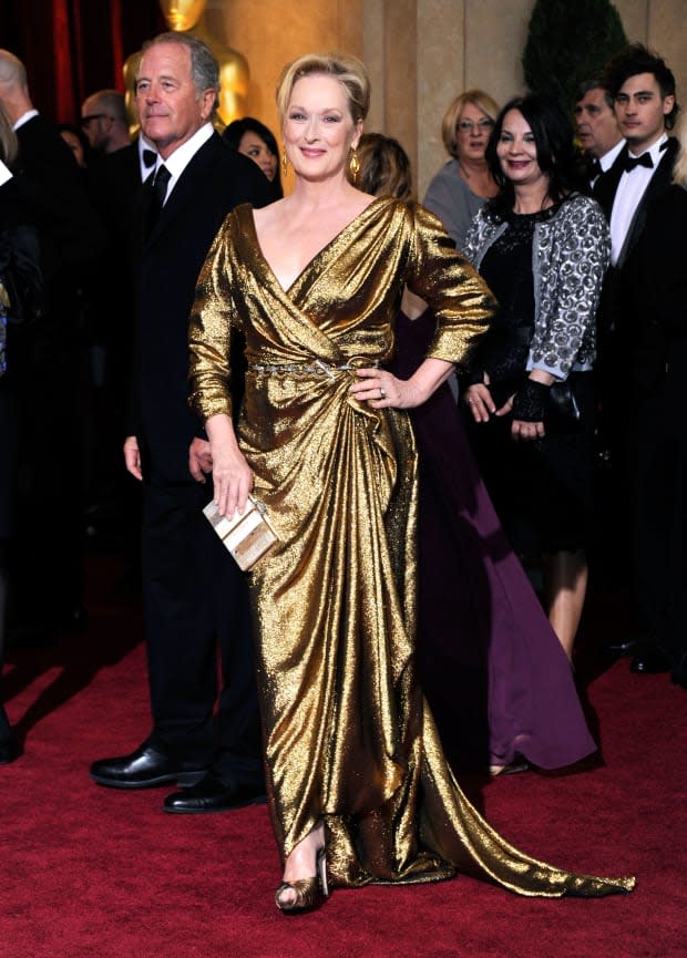 <p>Streep won the gold statue for Best Actress for <em>The Iron Lady </em>at the 2012 Academy Awards. Perhaps she willed it to happen in this incredible gold Lanvin gown.</p>