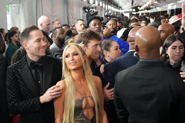 Carter Reum and Paris Hilton at the Grammy Awards on Feb. 5, 2023, in Los Angeles.