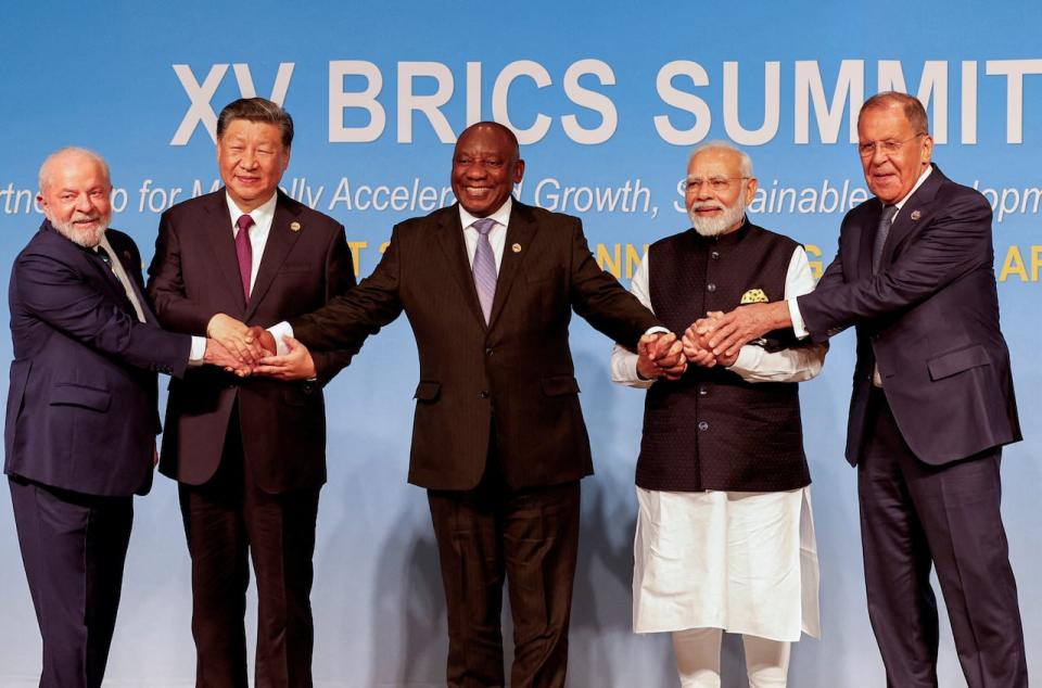 Chinese autocrat Xi Jinping, surrounded by leaders from Brazil, South Africa, India and Russia earlier this month in a BRICS family photo. 