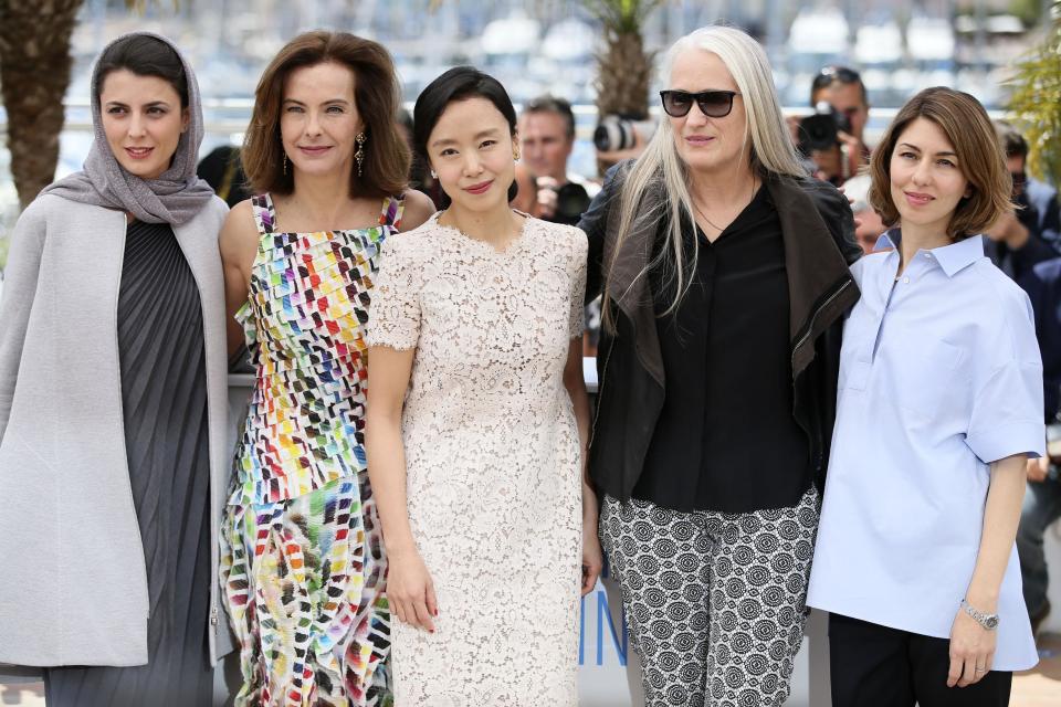 President of the jury Jane Campion, second left, poses with members of the jury from left, Leila Hatami, Carole Bouquet, Jeon Do-yeon and Sofia Coppola during a photo call for members of the jury at the 67th international film festival, Cannes, southern France, Wednesday, May 14, 2014. (AP Photo/Alastair Grant)