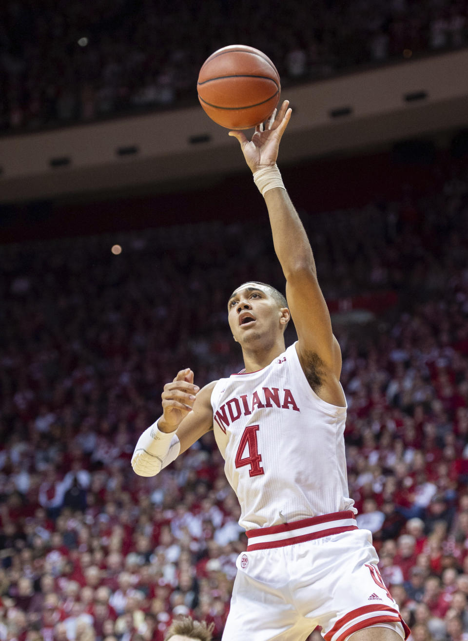 Indiana forward Trayce Jackson-Davis (4) shoots the ball during the first half of an NCAA college basketball game against Purdue, Saturday, Feb. 8, 2020, in Bloomington, Ind. (AP Photo/Doug McSchooler)