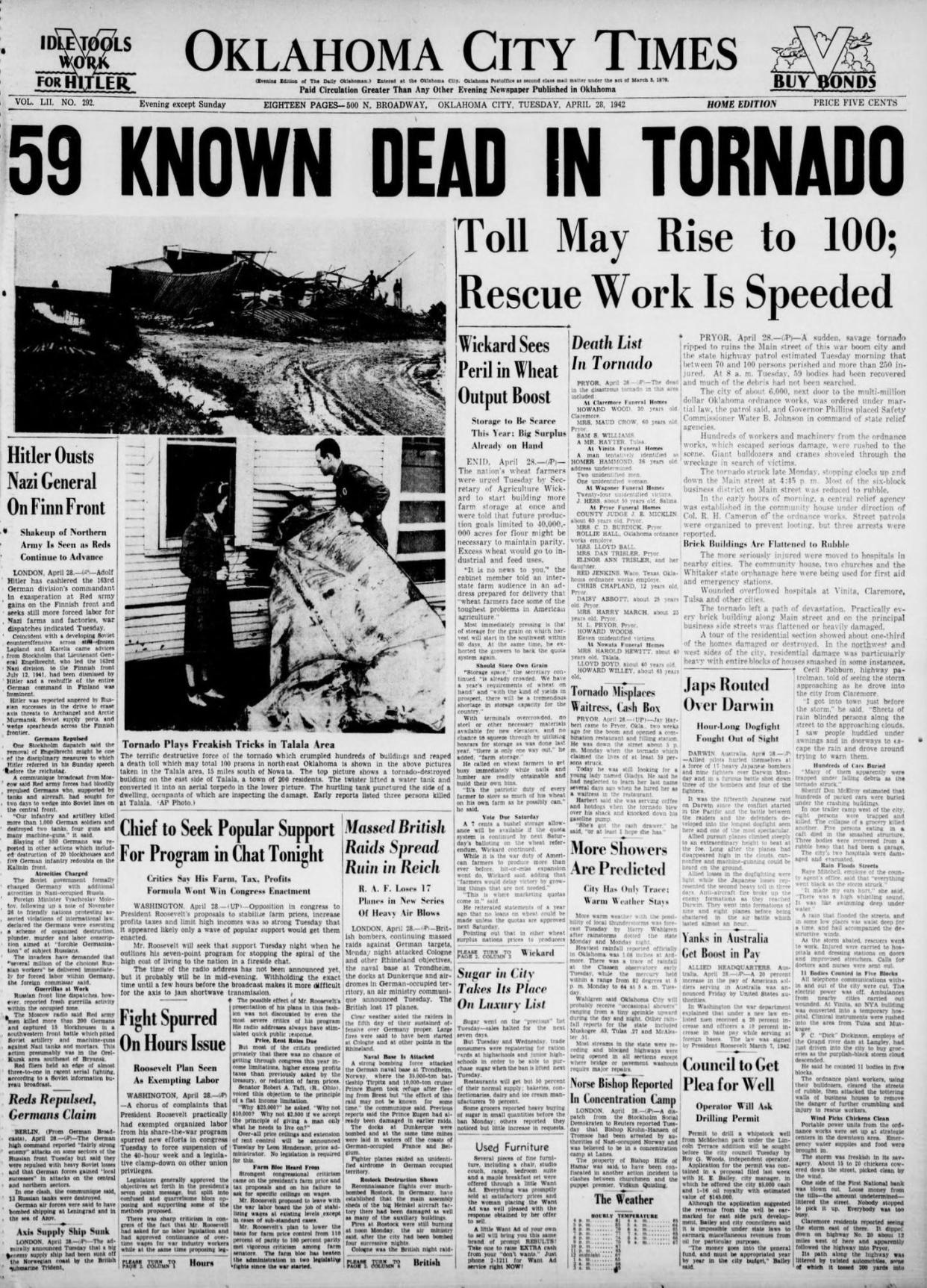 April 28, 1942 - Oklahoma City Times - Page 1 - Pryor tornado coverage