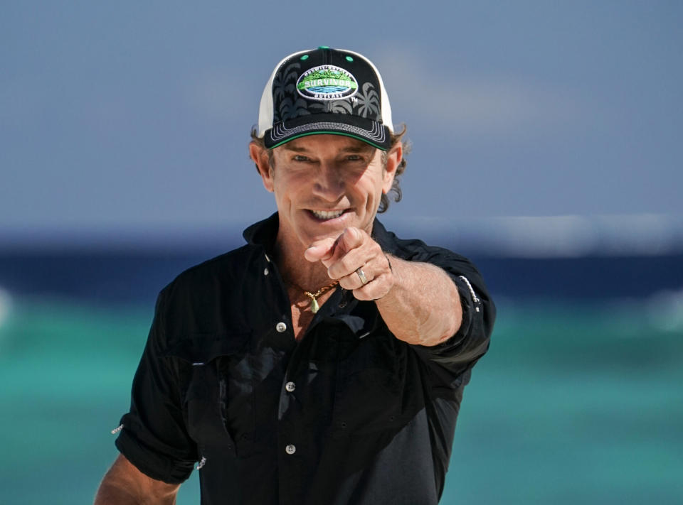 This image released by CBS shows Jeff Probst in the premiere episode of the 44th season of the reality competition series "Survivor," airing March 1. (Robert Voets/CBS via AP)