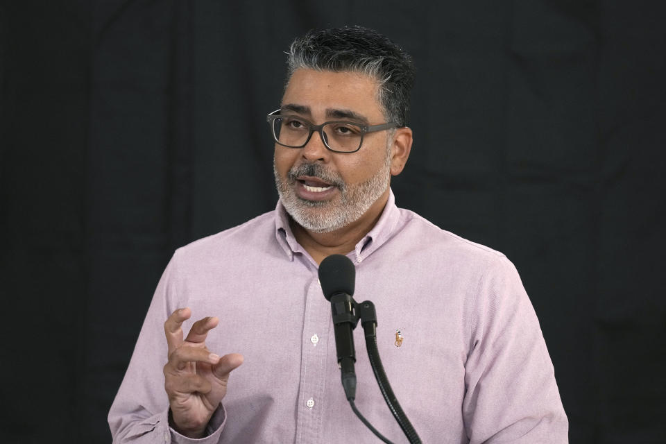 Dr. Eugene Livar, Arizona's first heat officer for the Arizona Department of Health Services, speaks during a news conference held by the ADHS and Governor's Office of Resiliency ahead of Heat Awareness Week at the Escalante Multi-Generational Center Friday, May 3, 2024, in Tempe, Ariz. (AP Photo/Ross D. Franklin)