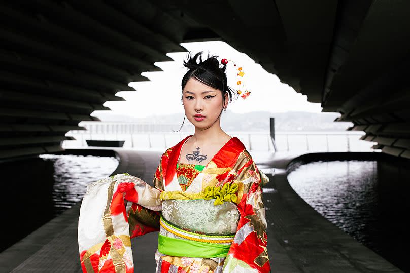 Model Sally Pritchett wearing an antique kimono at V&A Dundee