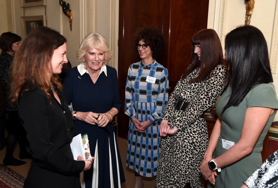 LONDON, ENGLAND - FEBRUARY 12: Camilla, Duchess of Cornwall talks to CEO of SafeLives Suzanne Jacob (L), SafeLives staffers Michelle Phillips, Melani Morgan and Susie Hay during a reception to acknowledge the 15th anniversary of domestic abuse charity SafeLives at Clarence House on February 12, 2020 in London, England.  (Photo by Eamonn M. McCormack/Getty Images)