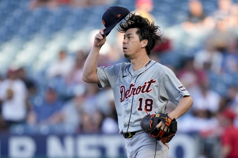 Detroit Tigers starting pitcher Kenta Maeda warms up before taking the mound during the first inning of a baseball game against the Los Angeles Angels, Friday, June 28, 2024, in Anaheim, Calif. (AP Photo/Ryan Sun)