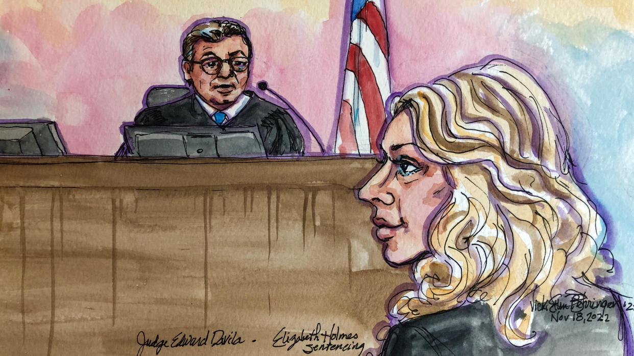 Theranos founder Elizabeth Holmes sits in court to be sentenced on her convictions for defrauding investors in the blood testing startup at the federal courthouse in San Jose, California, U.S., November 18, 2022 in this courtroom sketch.  REUTERS/Vicki Behringer