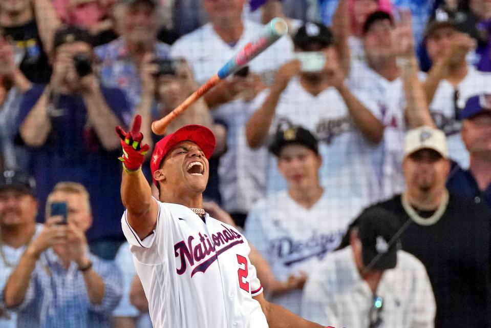 Juan Soto celebrates his winning home run on Monday.