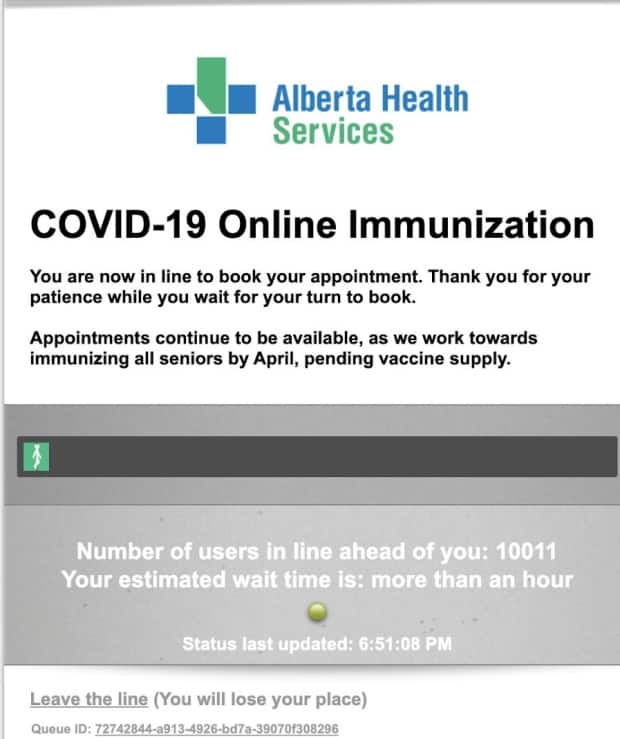 Thousands of people trying to log on to Alberta Health's website to register for COVID-19 vaccinations on Wednesday, when it opened to people born in 1946 and older, faced long waits. As of 7 p.m., users were getting a message saying that they faced a wait of at least an hour with about 10,000 people ahead of them in the queue.