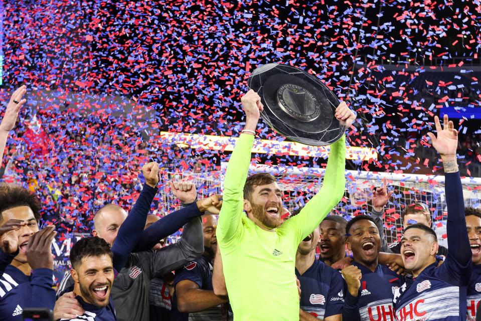 Nov. 7: New England Revolution goalkeeper Matt Turner celebrates winning the 2021 Supporters' Shield after the regular-season finale at Gillette Stadium.