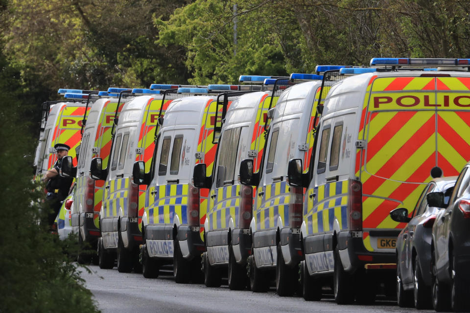 <p>Police vehicles near to the scene in Snowdown, Kent, where the body of PCSO Julia James was found. Kent Police have launched a murder enquiry following the discovery of the 53-year-old community support officer on Tuesday. Picture date: Thursday April 29, 2021.</p>
