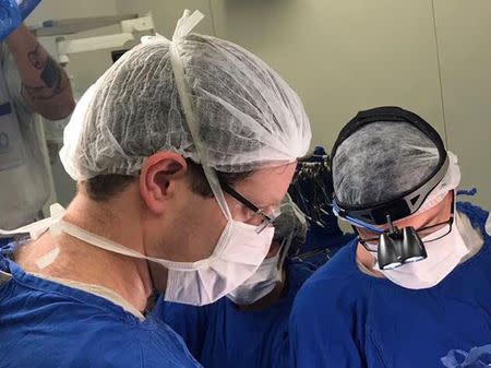 Doctors perform the womb transplant procedure at the hospital in Sao Paulo, Brazil December 15, 2017 in this picture handout obtained on December 4, 2018. Hospital das Clinicas da FMUSP/via REUTERS