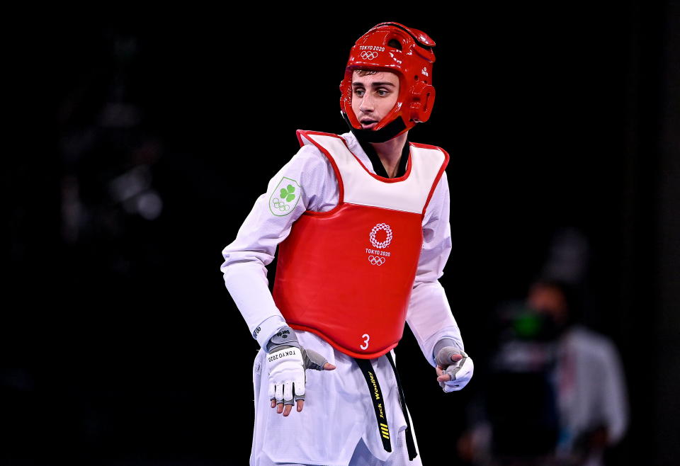 Tokyo , Japan - 24 July 2021; Jack Woolley of Ireland in action against Lucas Guzman of Argentina during the men's -58Kg taekwondo round of 16 at the Makuhari Messe Hall during the 2020 Tokyo Summer Olympic Games in Tokyo, Japan. (Photo By Brendan Moran/Sportsfile via Getty Images)