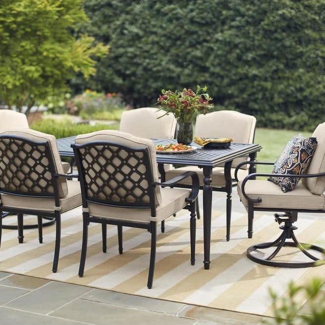 <a href="https://www.homedepot.com/p/Hampton-Bay-Laurel-Oaks-7-Piece-Brown-Steel-Outdoor-Patio-Dining-Set-with-Standard-Putty-Tan-Cushions-525-0200-000/305621018" rel="nofollow noopener" target="_blank" data-ylk="slk:Home Depot Patio Furniture;elm:context_link;itc:0;sec:content-canvas" class="link rapid-noclick-resp">Home Depot Patio Furniture</a><span class="product_price">Up to 50% off</span>