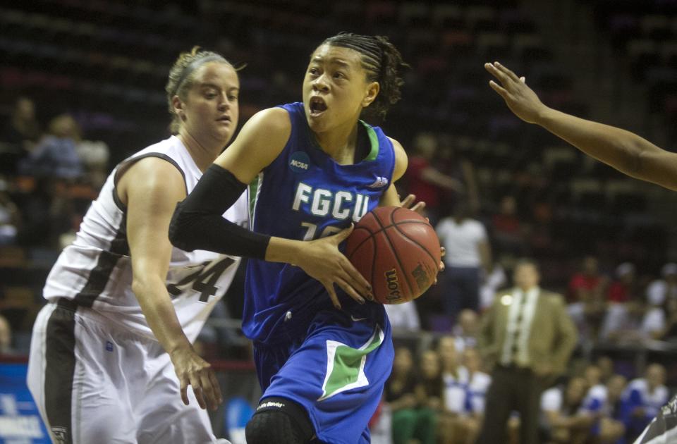 FGCU's Whitney Knight drives to the basket against St. Bonaventure in the NCAA Division I Women's Basketball Championship at the Donald L. Tucker Center in Tallahassee on Sunday, March 18, 2012.