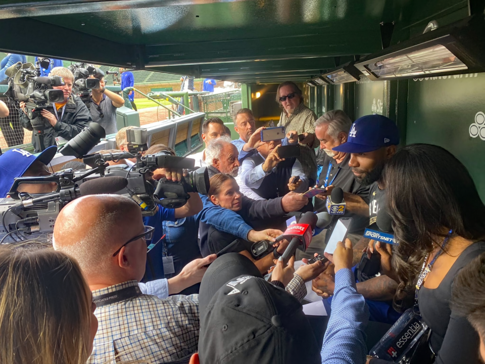 Dodgers outfielder Jason Heyward speaks to reporters before Thursday's game against the Chicago Cubs.