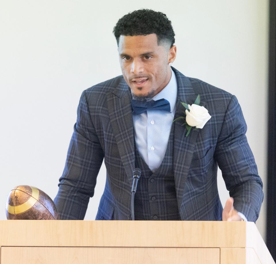 Massillon's Devin Smith delivers his induction speech at the Stark County High School Football Hall of Fame Ceremony at the Pro Football Hall of Fame.