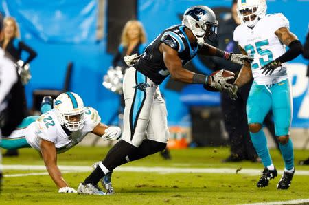 Nov 13, 2017; Charlotte, NC, USA; Carolina Panthers wide receiver Devin Funchess (17) runs for a touchdown in the fourth quarter against the Miami Dolphins at Bank of America Stadium. Jeremy Brevard-USA TODAY Sports