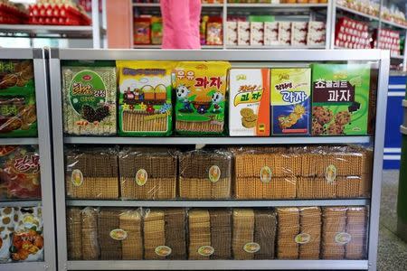 Products are displayed in a shop in a newly constructed residential complex after its opening ceremony in Ryomyong street in Pyongyang, North Korea April 13, 2017. Picture taken April 13, 2017. REUTERS/Sue-Lin Wong