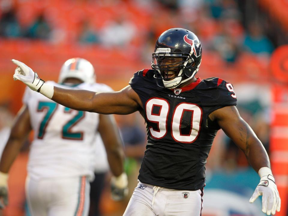 Mario Williams reacts after a play against the Miami Dolphins.