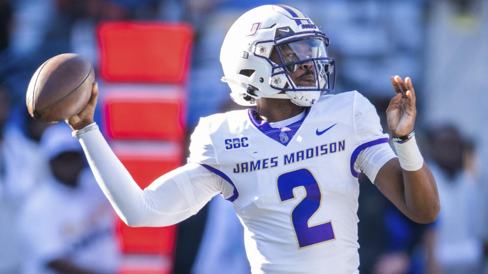 James Madison quarterback Jordan McCloud looks to pass the ball against Georgia State in the first half of an NCAA college football game against Saturday, Nov. 4 2023, in Atlanta. (AP Photo/Hakim Wright Sr.)