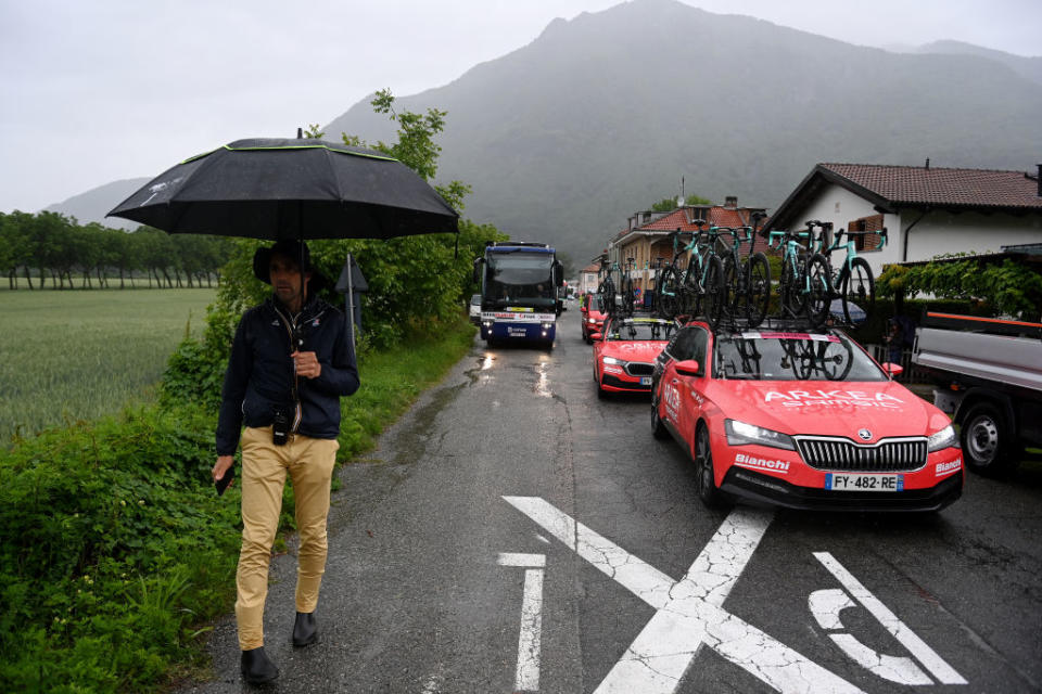 CRANSMONTANA SWITZERLAND  MAY 19 Team Arka Samsic cars on their way to the new start localisation during the 106th Giro dItalia 2023 Stage 13 a 75km stage from Le Chable to CransMontana  Valais 1456m  Stage shortened due to the adverse weather conditions  UCIWT  on May 19 2023 in CransMontana Switzerland Photo by Tim de WaeleGetty Images