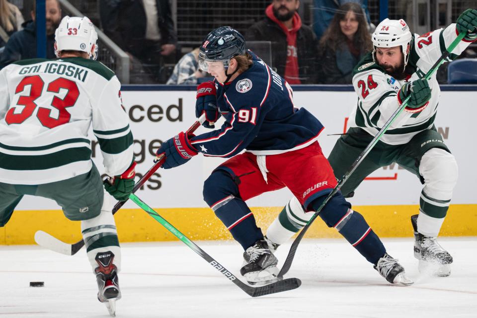 Blue Jackets center Kent Johnson had no goals and just three assists in the 19-game stint prior to tearing his left labrum on Wednesday.