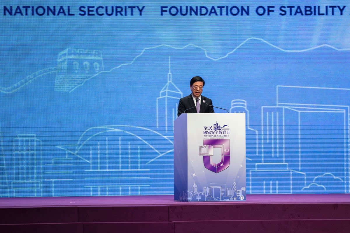 File. John Lee, Chief Executive of Hong Kong, speaks during the National Security Education Day opening ceremony in Hong Kong, Saturday, 15 April 2023 (Associated Press)