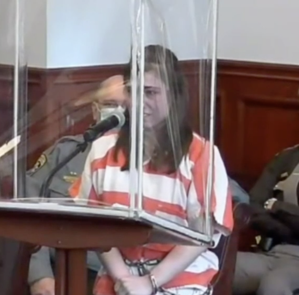 Photo shows Ashley Howard delivering her statement in the courtroom.