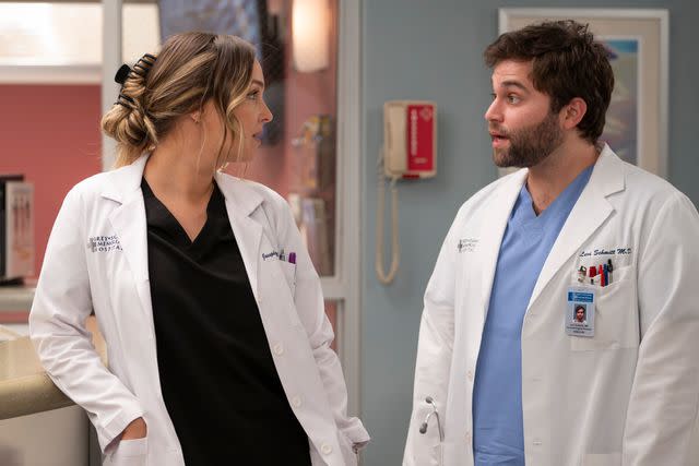 <p>Disney/Anne Marie Fox</p> From left: Camilla Luddington and Jake Borelli on "Grey's Anatomy"